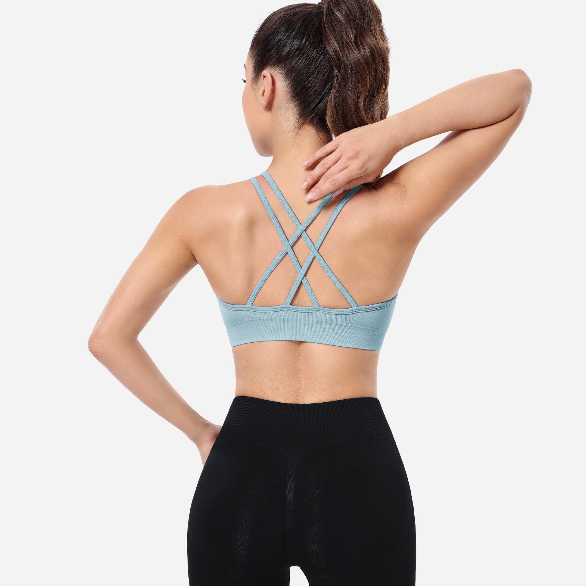 VEQKING Ruched Sports Bras for Women Large Bust, Seamless Padded Strappy Medium Support Yoga Bra Blue