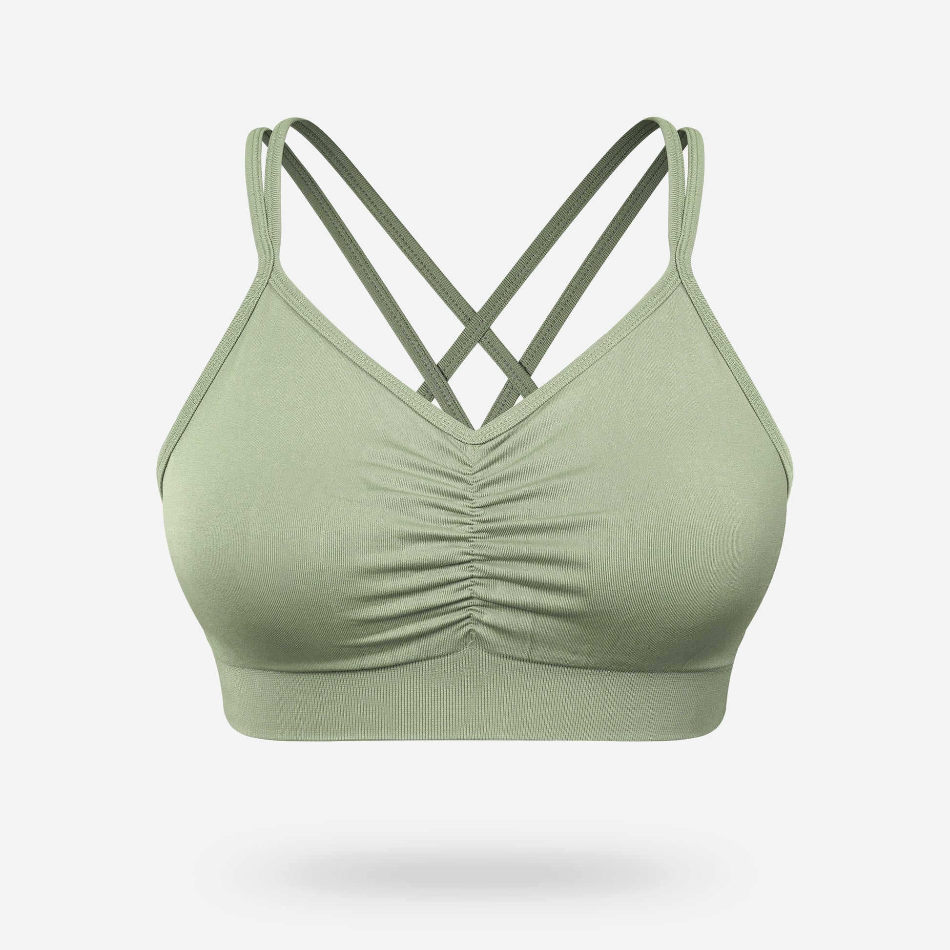 VEQKING Ruched Sports Bras for Women Large Bust, Seamless Padded Strappy Medium Support Yoga Bra Green