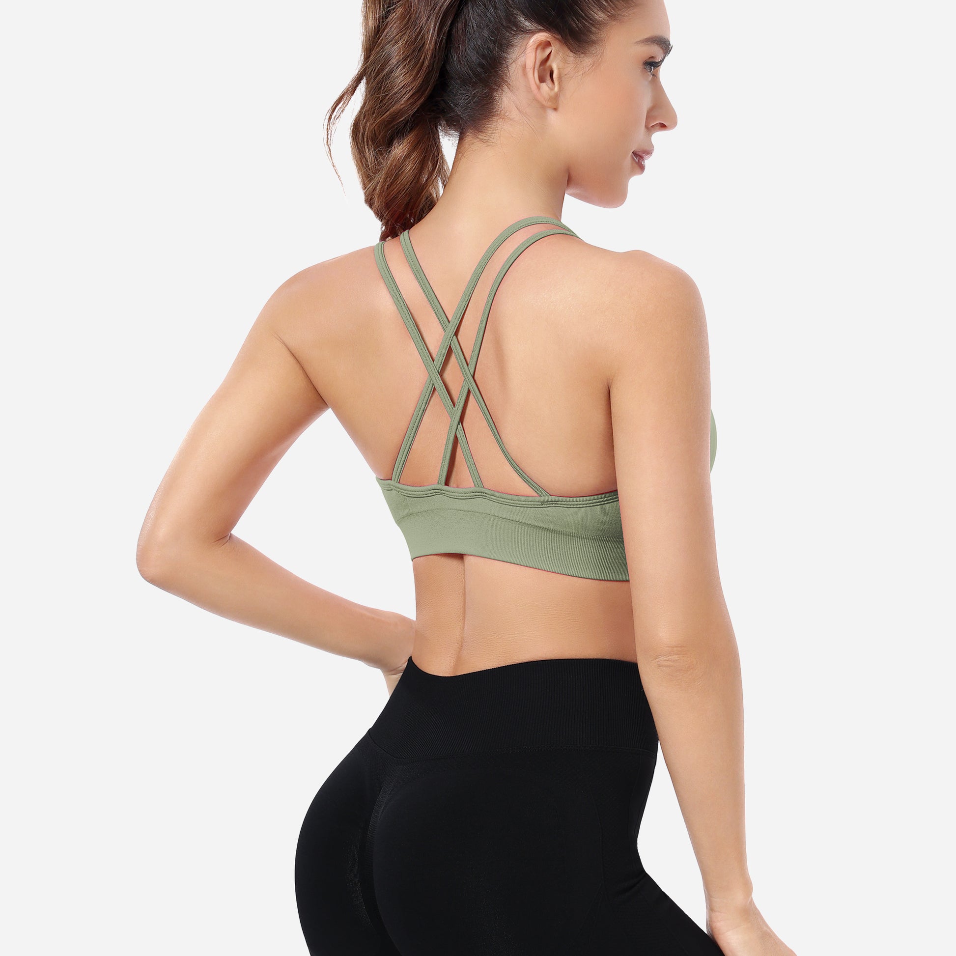 VEQKING Ruched Sports Bras for Women Large Bust, Seamless Padded Strappy Medium Support Yoga Bra Green