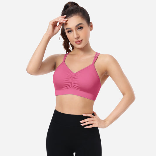 VEQKING Ruched Sports Bras for Women Large Bust, Seamless Padded Strappy Medium Support Yoga Bra Hot Pink