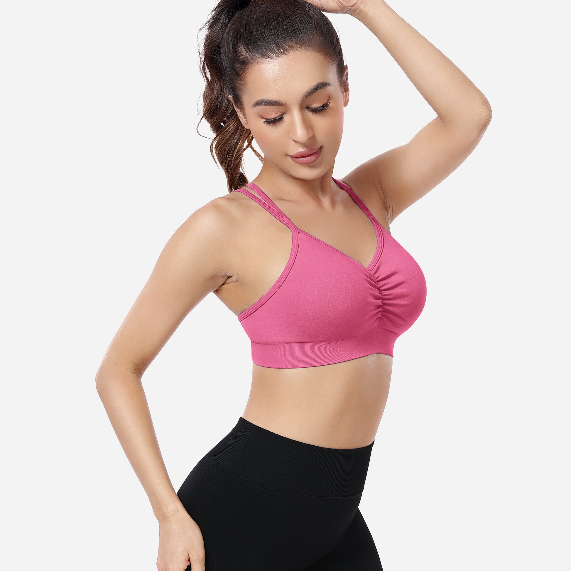 VEQKING Ruched Sports Bras for Women Large Bust, Seamless Padded Strappy Medium Support Yoga Bra Hot Pink
