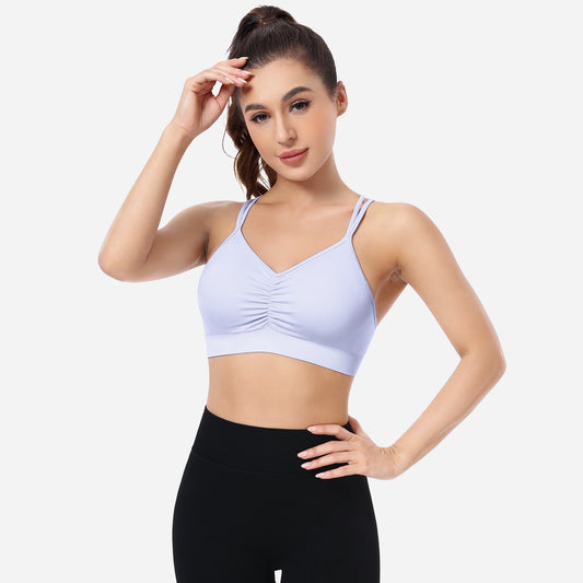 VEQKING Ruched Sports Bras for Women Large Bust, Seamless Padded Strappy Medium Support Yoga Bra Light Purple