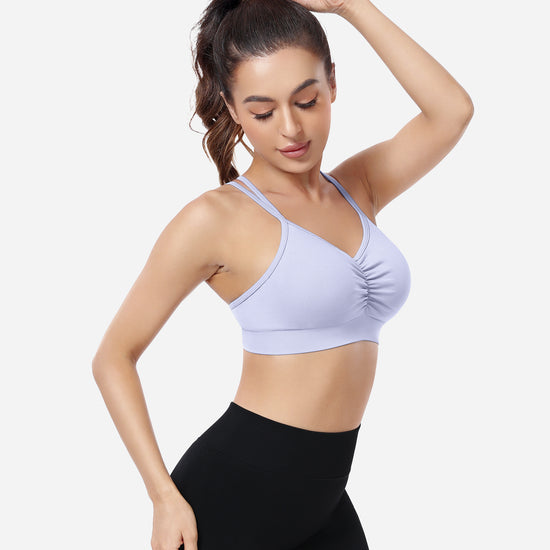 VEQKING Ruched Sports Bras for Women Large Bust, Seamless Padded Strappy Medium Support Yoga Bra Light Purple