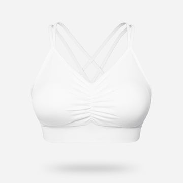 VEQKING Ruched Sports Bras for Women Large Bust, Seamless Padded Strappy Medium Support Yoga Bra White