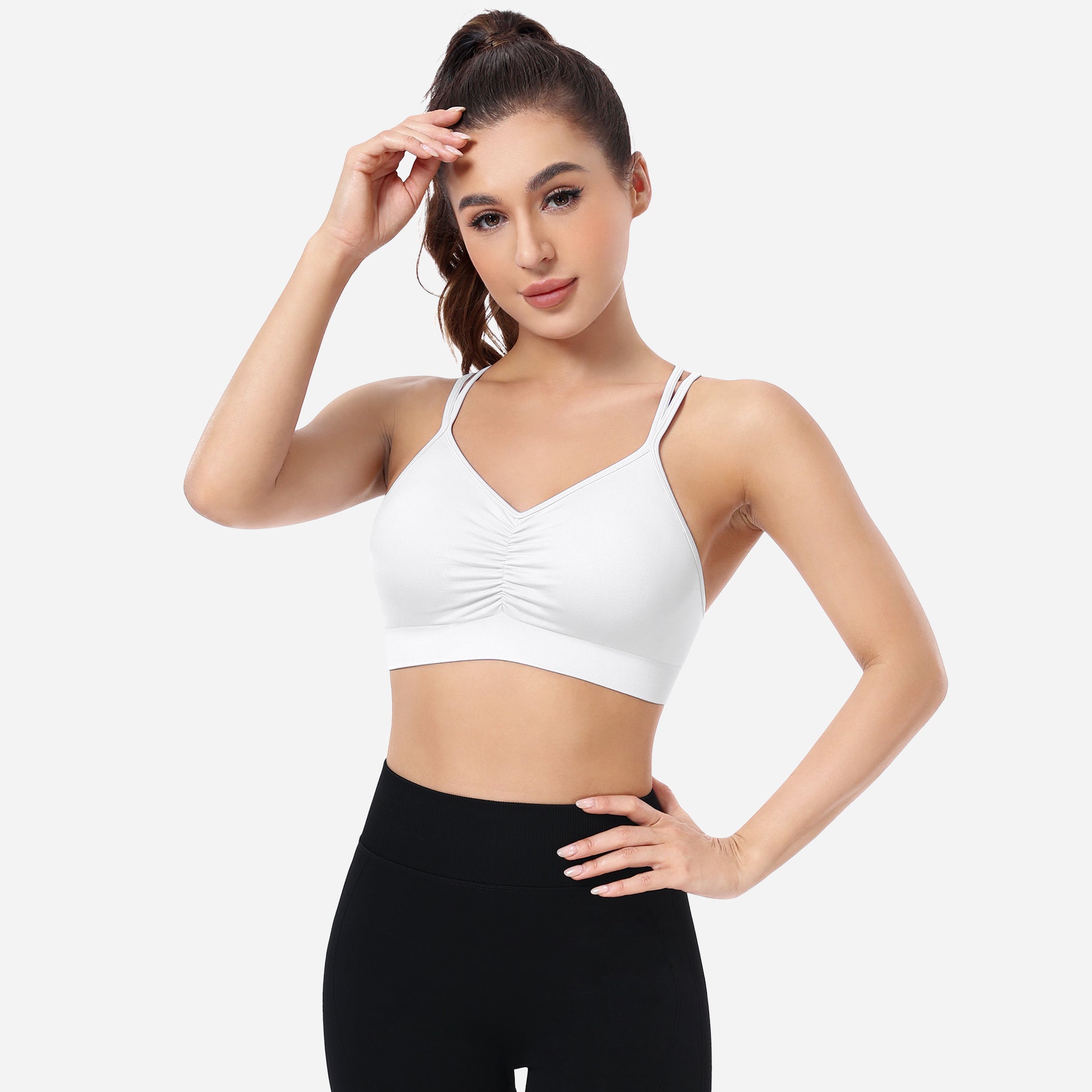 VEQKING Ruched Sports Bras for Women Large Bust, Seamless Padded Strappy Medium Support Yoga Bra White