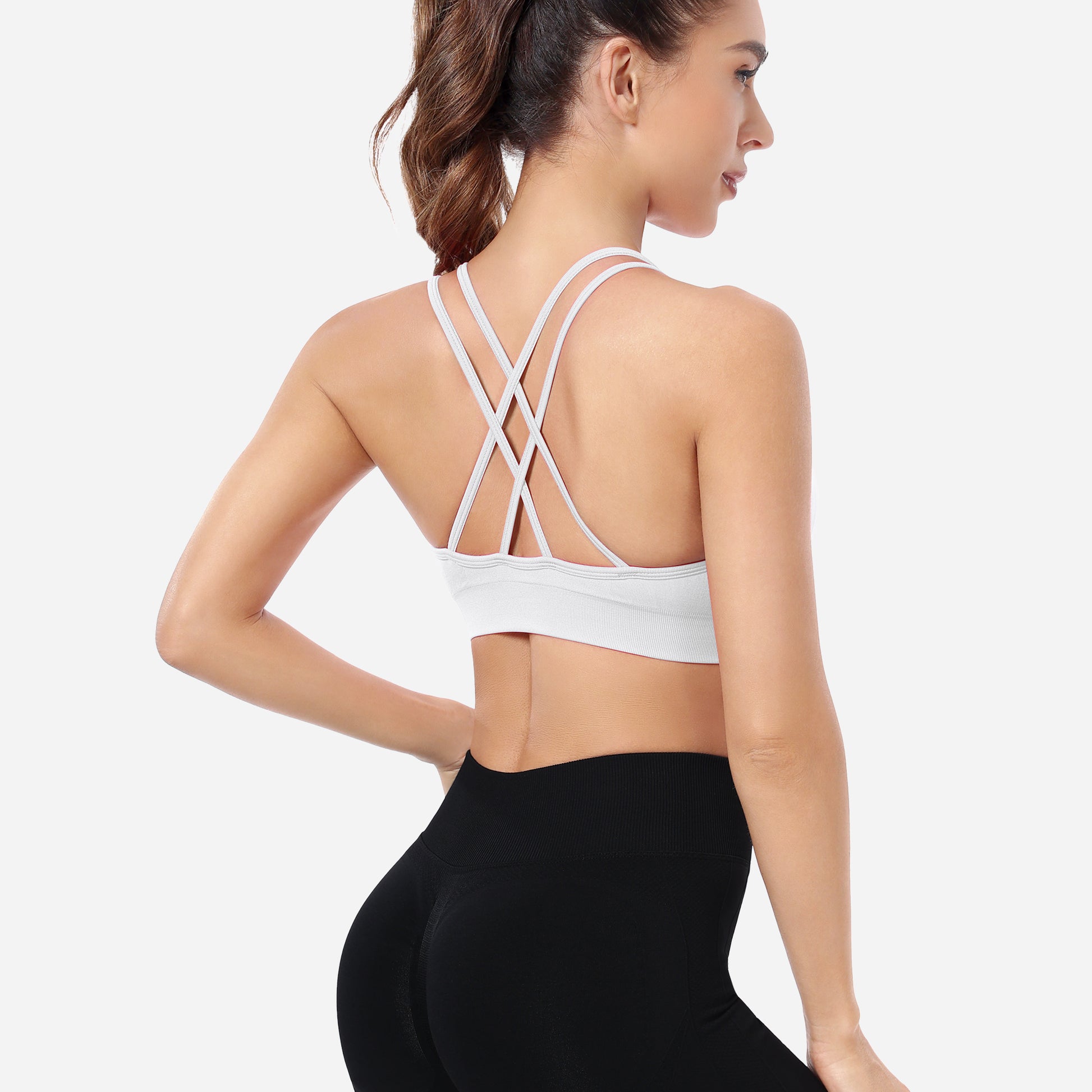 VEQKING Ruched Sports Bras for Women Large Bust, Seamless Padded Strappy Medium Support Yoga Bra White