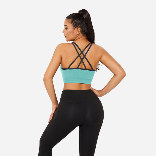VEQKING Strappy Women's Sports Bras for Cross-Back Running with Removable Padding Blue