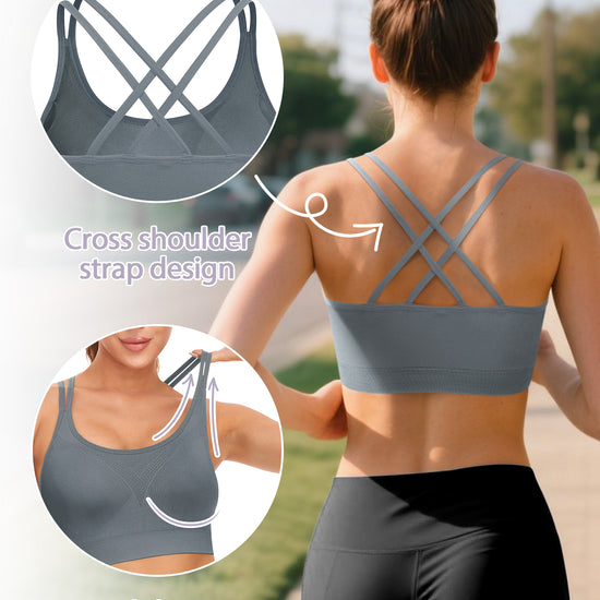 VEQKING Strappy Women's Sports Bras for Cross-Back Running with Removable Padding Blue Grey