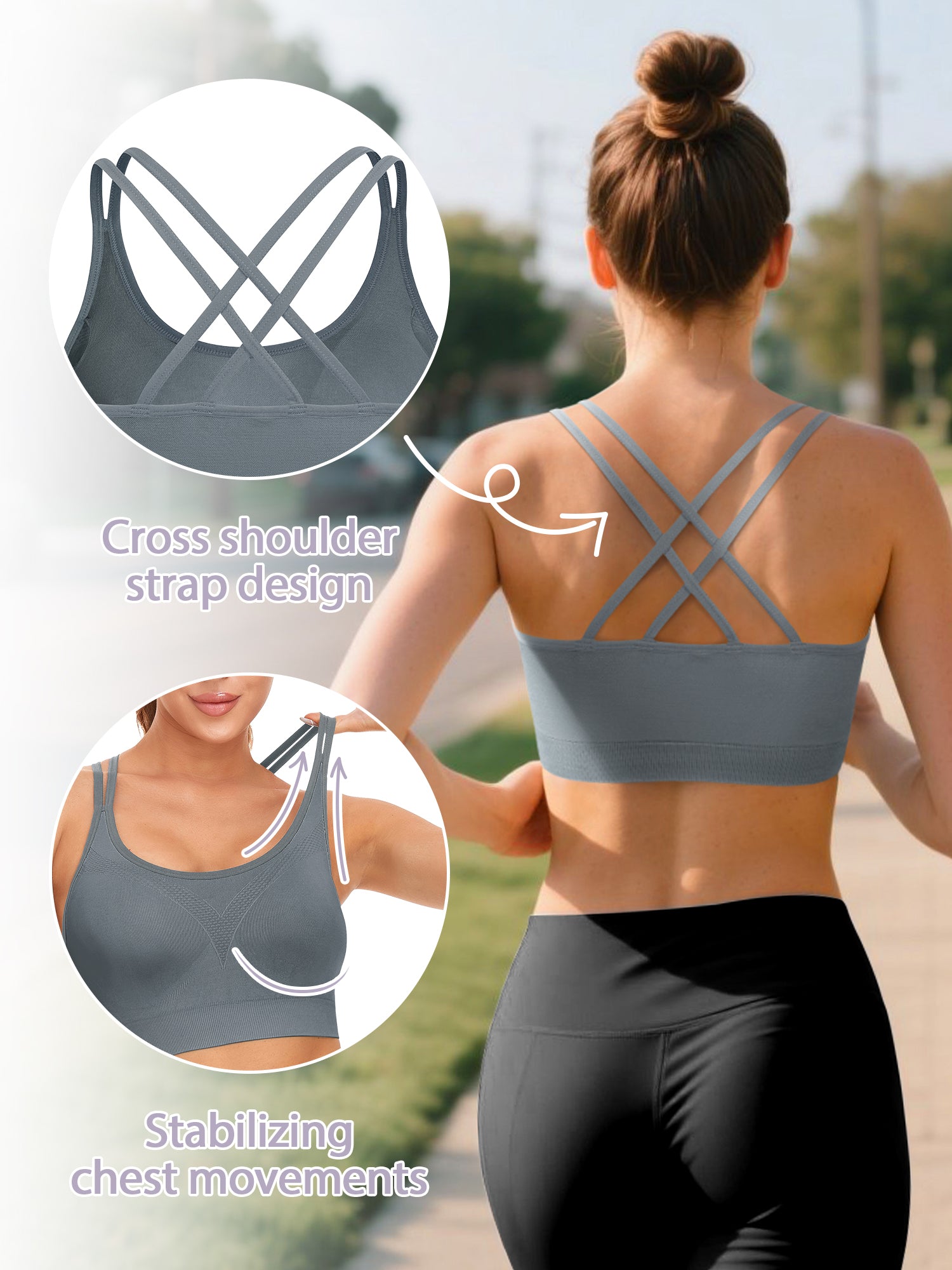 VEQKING Strappy Women's Sports Bras for Cross-Back Running with Removable Padding Blue Grey