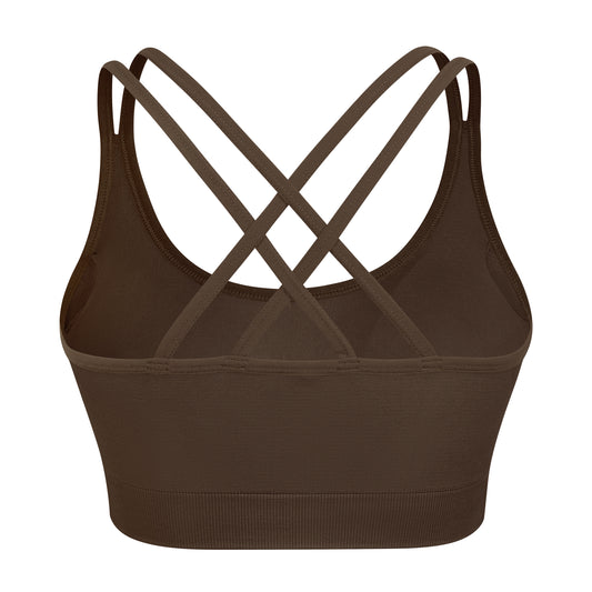 VEQKING Strappy Women's Sports Bras for Cross-Back Running with Removable Padding Brown