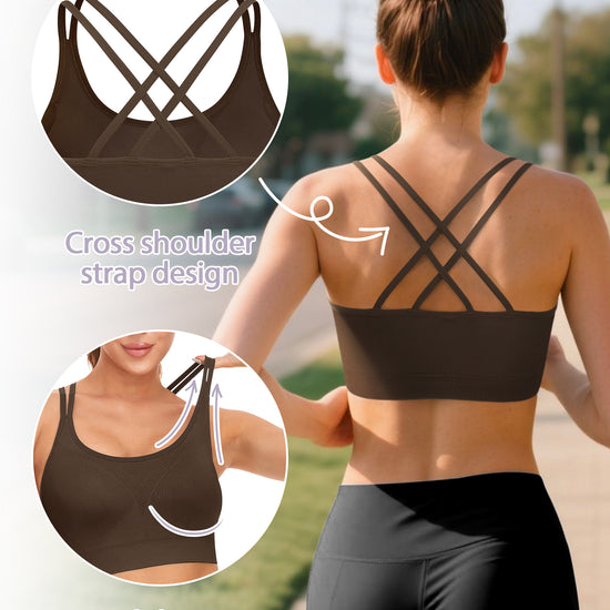 VEQKING Strappy Women's Sports Bras for Cross-Back Running with Removable Padding Brown