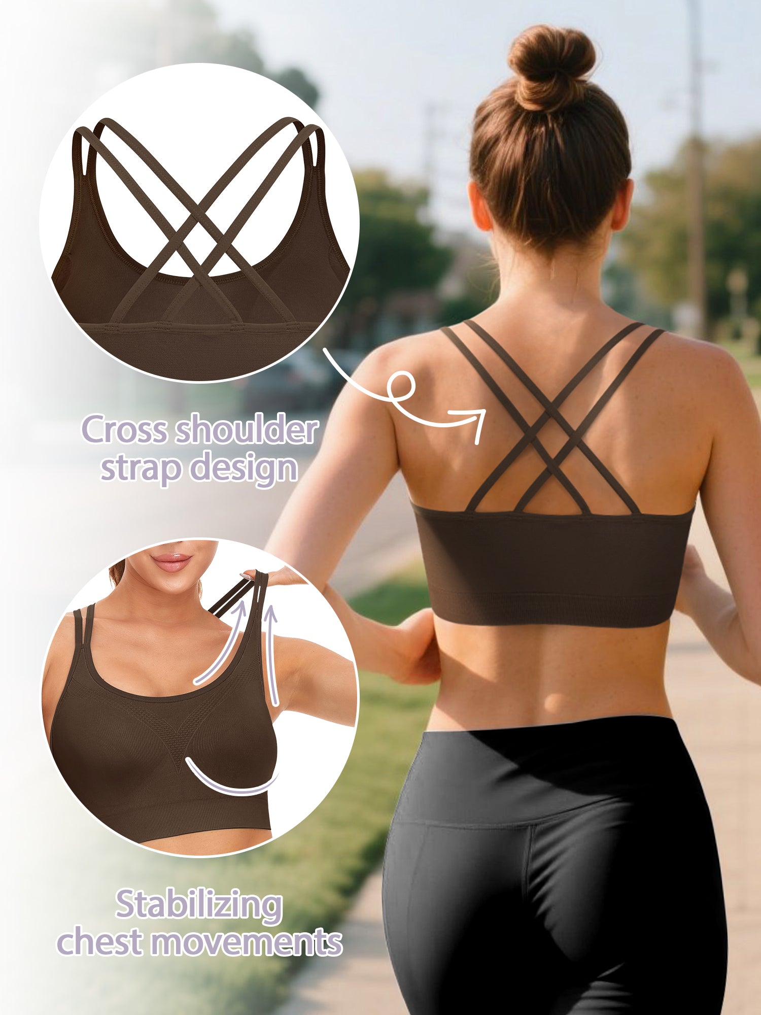 VEQKING Strappy Women's Sports Bras for Cross-Back Running with Removable Padding Brown