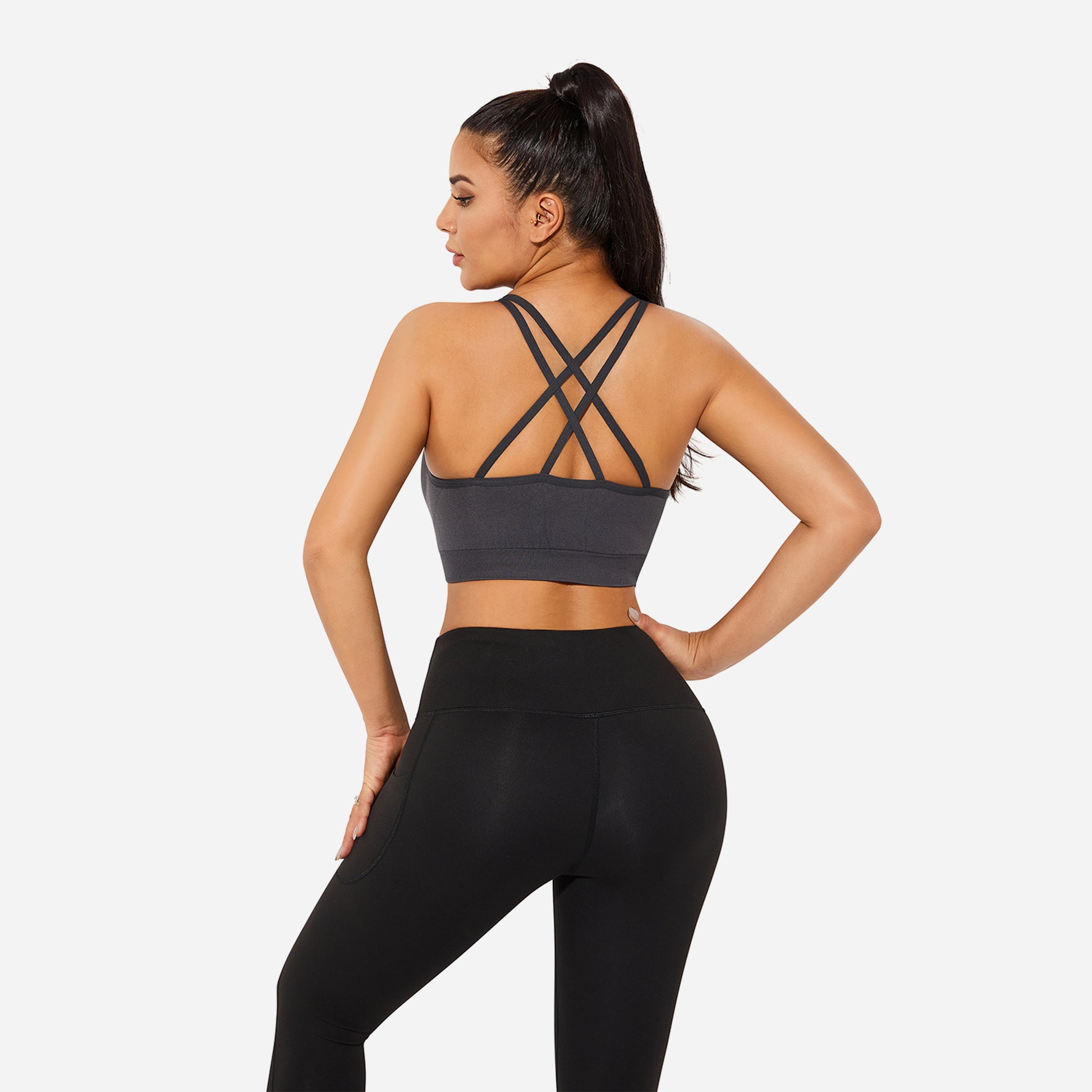 VEQKING Strappy Women's Sports Bras for Cross-Back Running with Removable Padding Grey