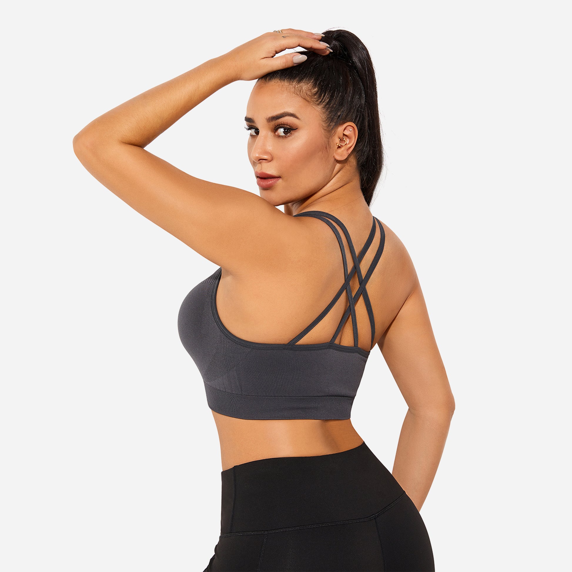 VEQKING Strappy Women's Sports Bras for Cross-Back Running with Removable Padding Grey