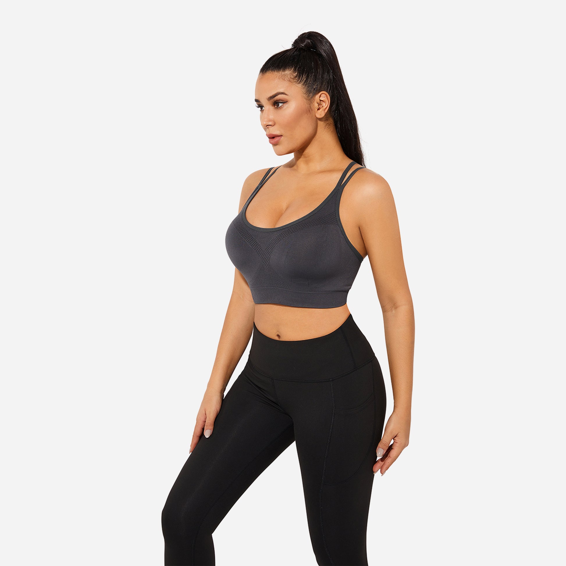 VEQKING Strappy Women's Sports Bras for Cross-Back Running with Removable Padding Grey
