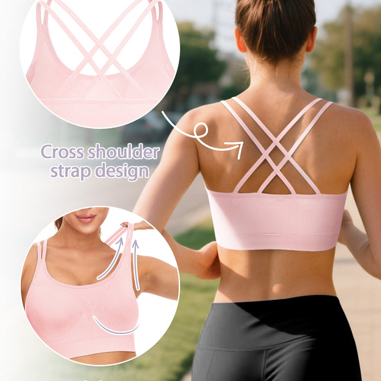 VEQKING Strappy Women's Sports Bras for Cross-Back Running with Removable Padding Pink