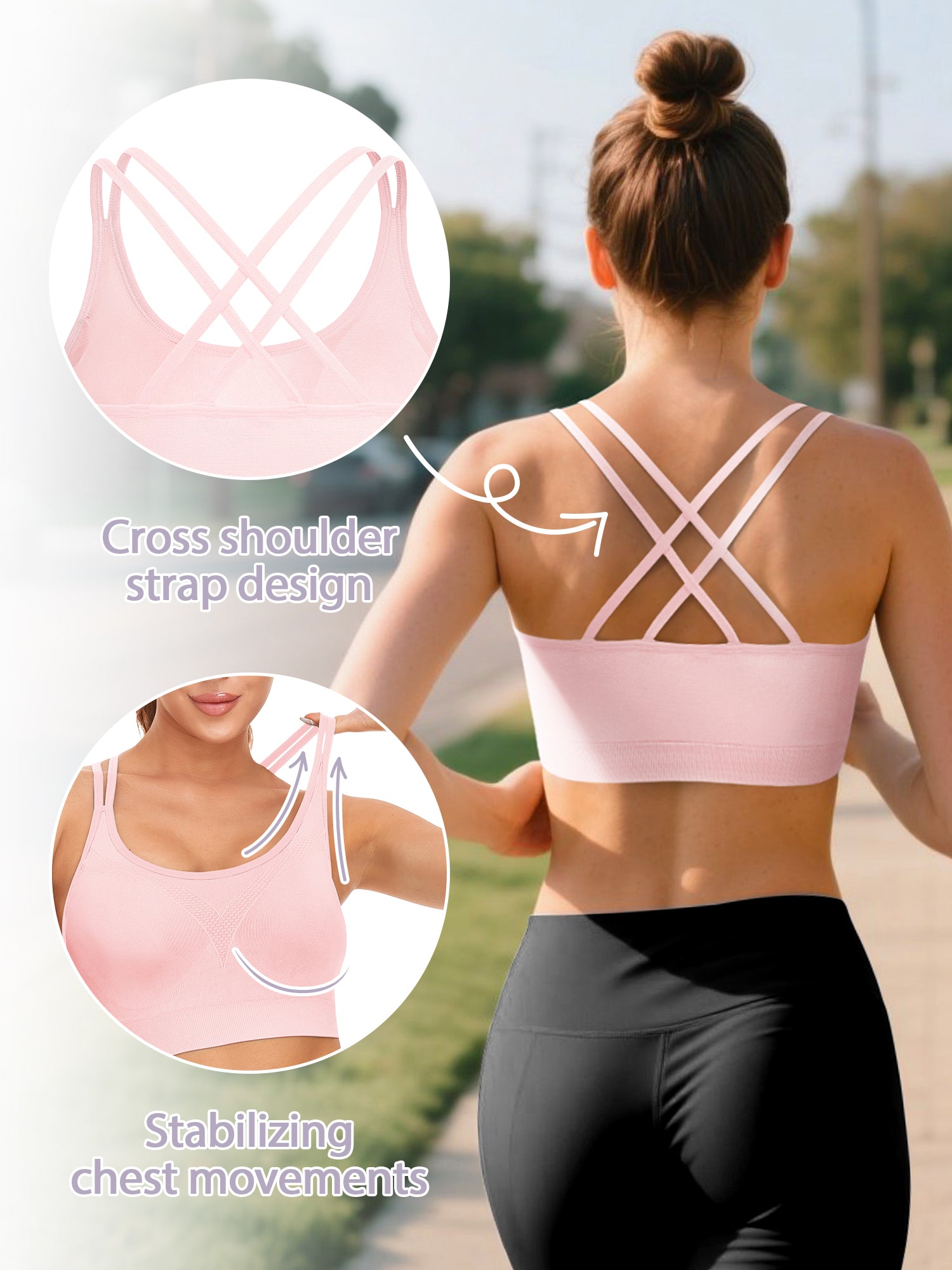 VEQKING Strappy Women's Sports Bras for Cross-Back Running with Removable Padding Pink