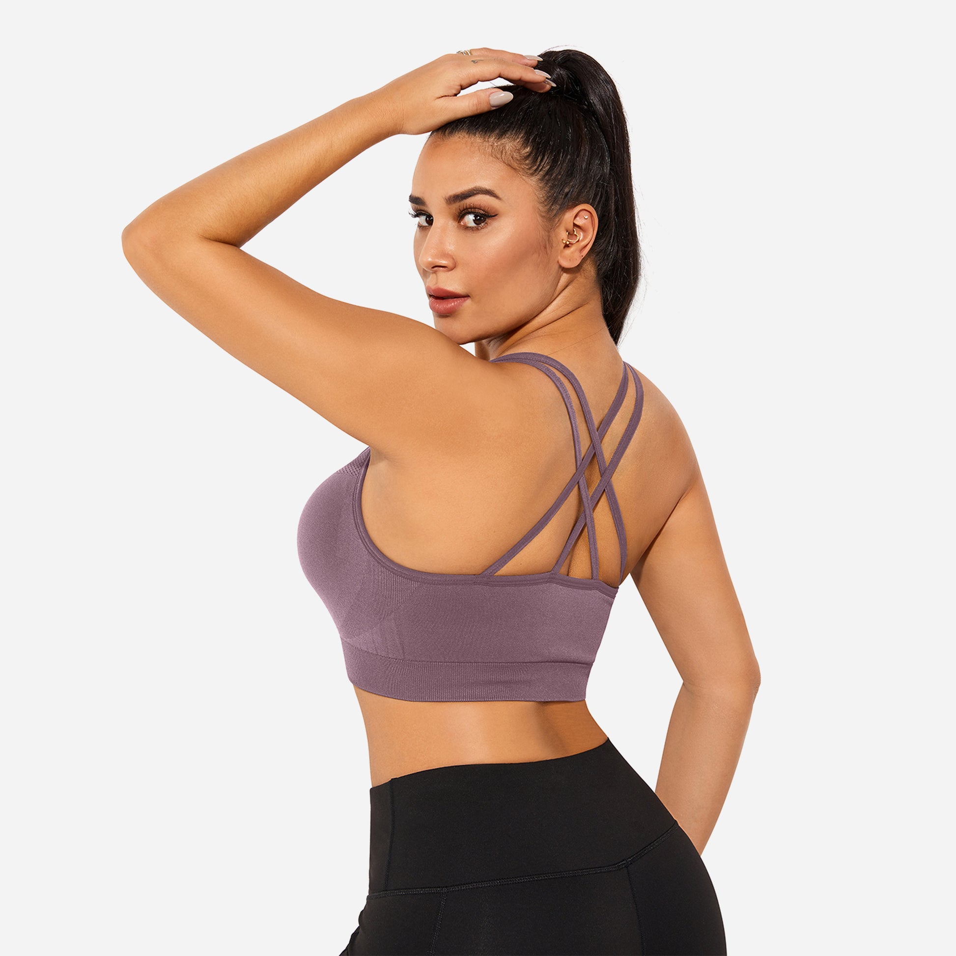 VEQKING Strappy Women's Sports Bras for Cross-Back Running with Removable Padding Purple