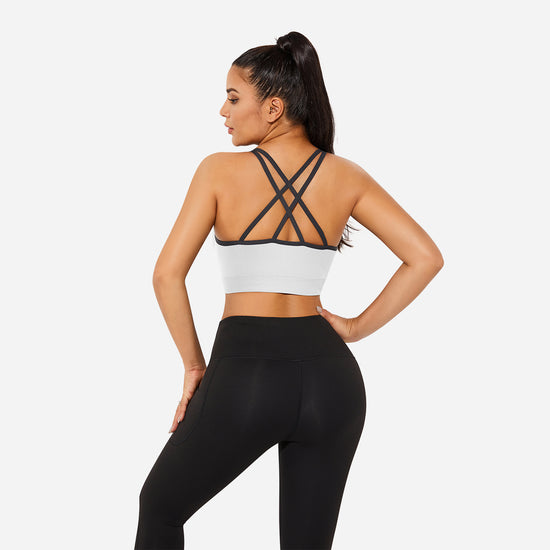 VEQKING Strappy Women's Sports Bras for Cross-Back Running with Removable Padding White