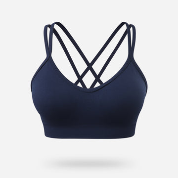 VEQKING Women's Cross Back Sports Bra Padded Strappy Medium Support Navy Blue