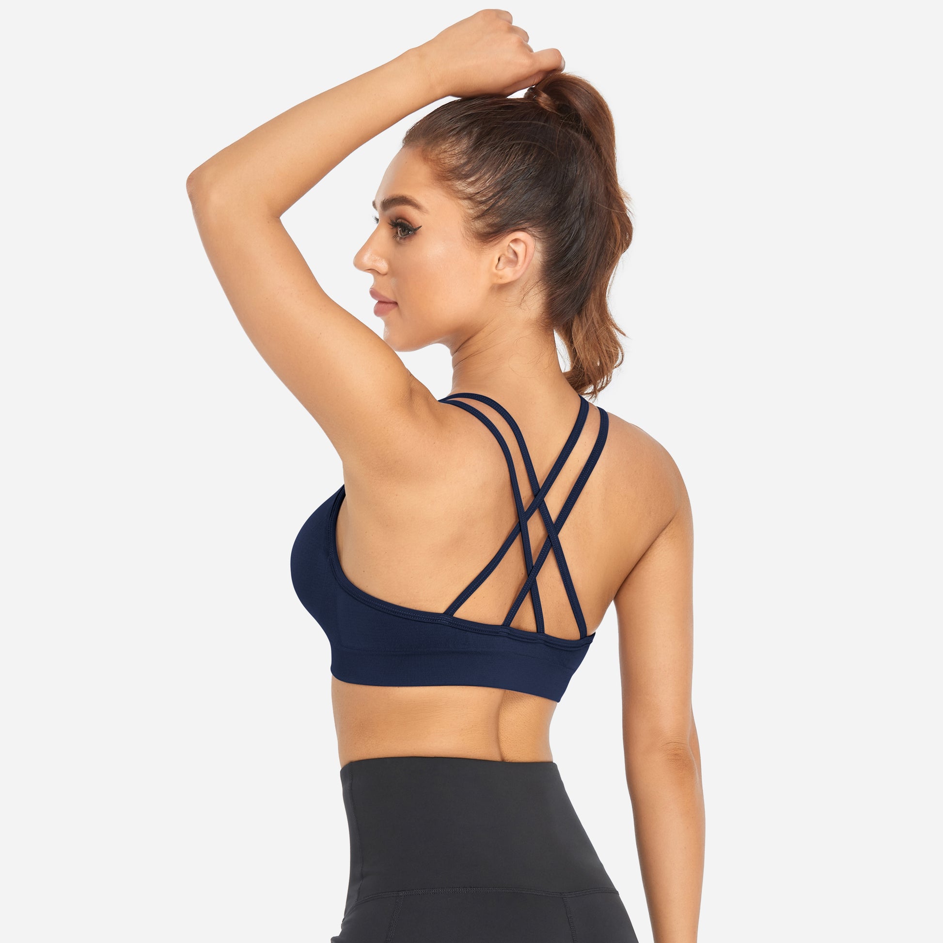 VEQKING Women's Cross Back Sports Bra Padded Strappy Medium Support Navy Blue