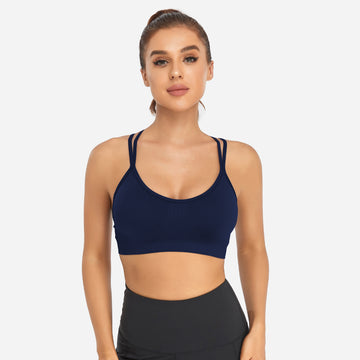 VEQKING Women's Cross Back Sports Bra Padded Strappy Medium Support Navy Blue