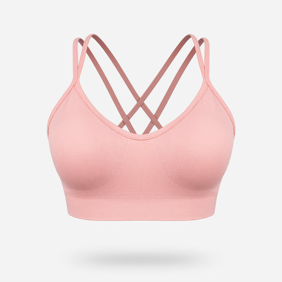 VEQKING Women's Cross Back Sports Bra Padded Strappy Medium Support Peach Pink