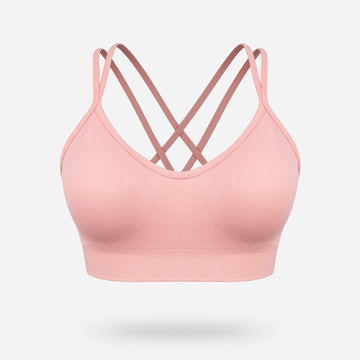 VEQKING Women's Cross Back Sports Bra Padded Strappy Medium Support Peach Pink