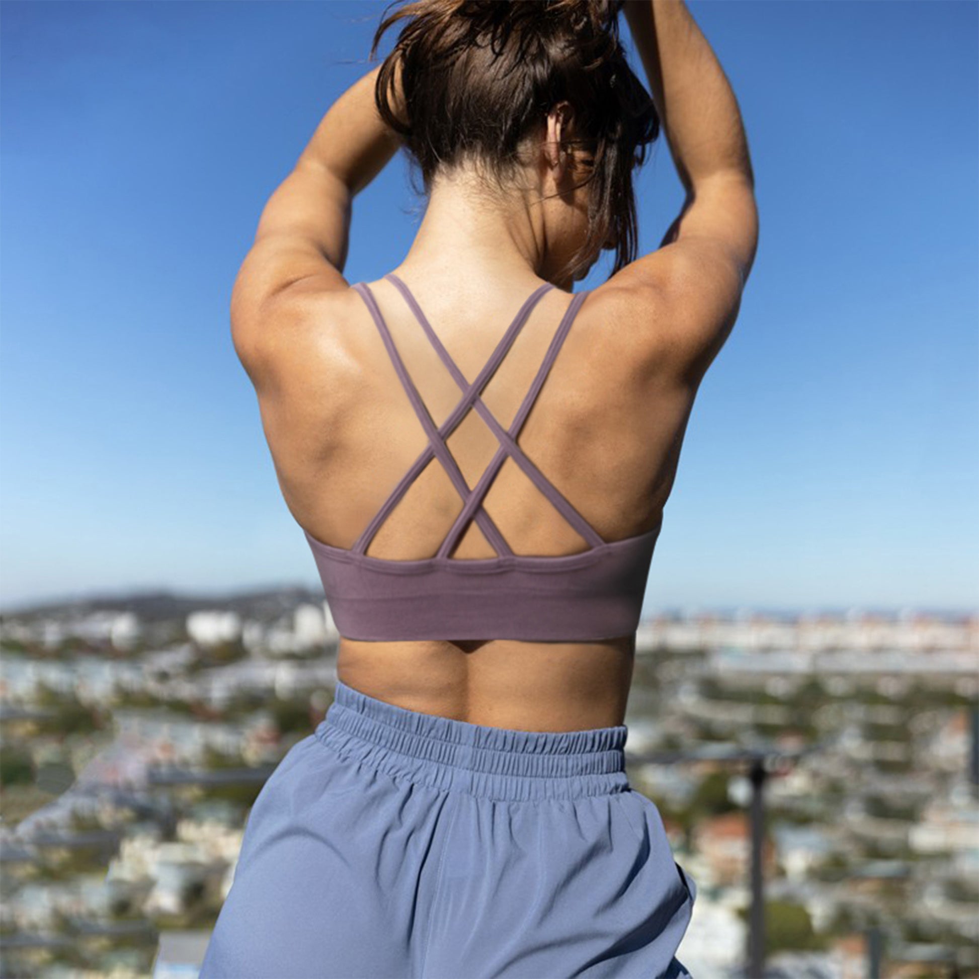 VEQKING Women's Cross Back Sports Bra Padded Strappy Medium Support Purple