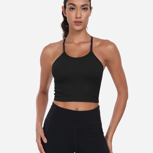 VEQKING Women's High Neck Seamless Ribbed Longline Yoga Tank Tops with Built-in Bra Black