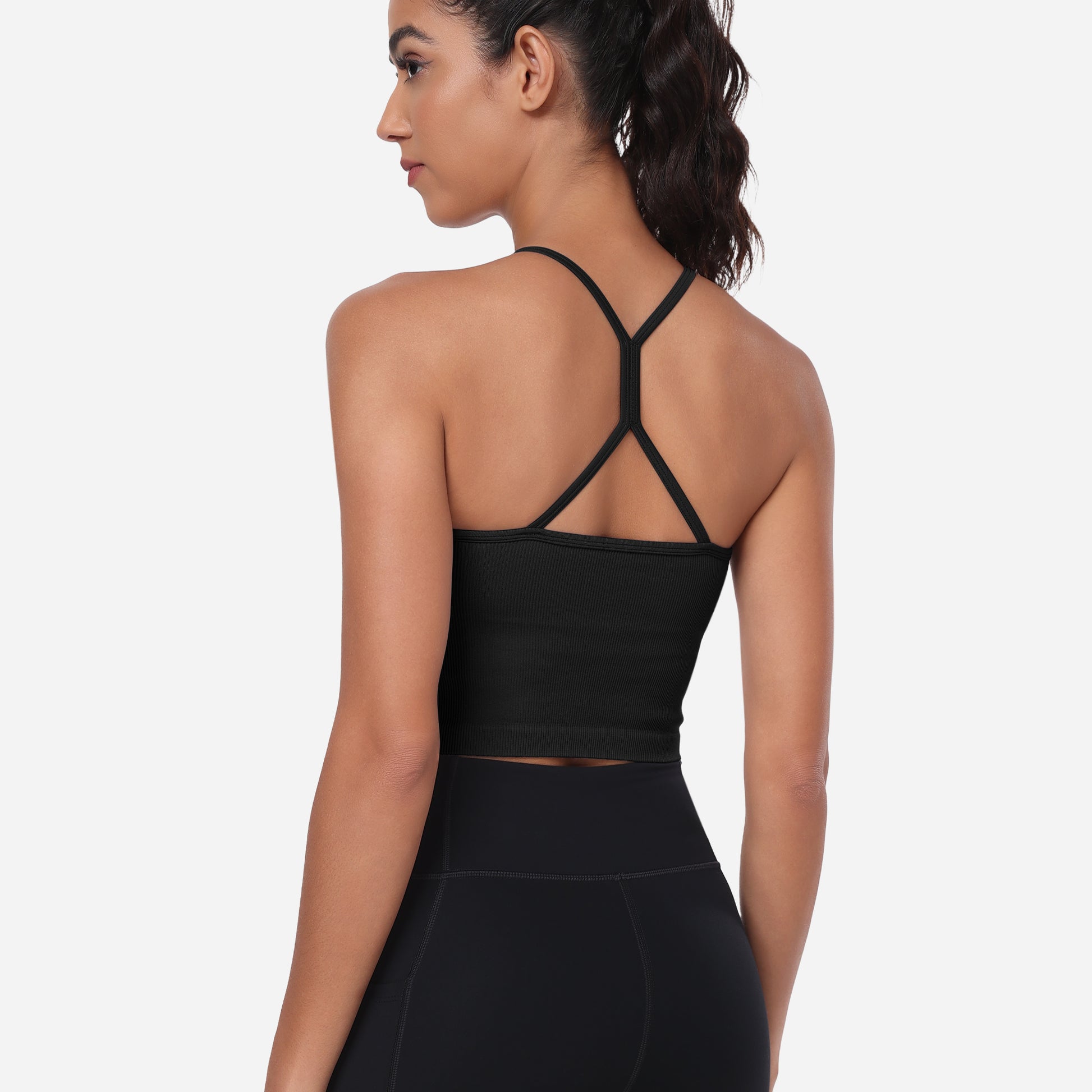 VEQKING Women's High Neck Seamless Ribbed Longline Yoga Tank Tops with Built-in Bra Black