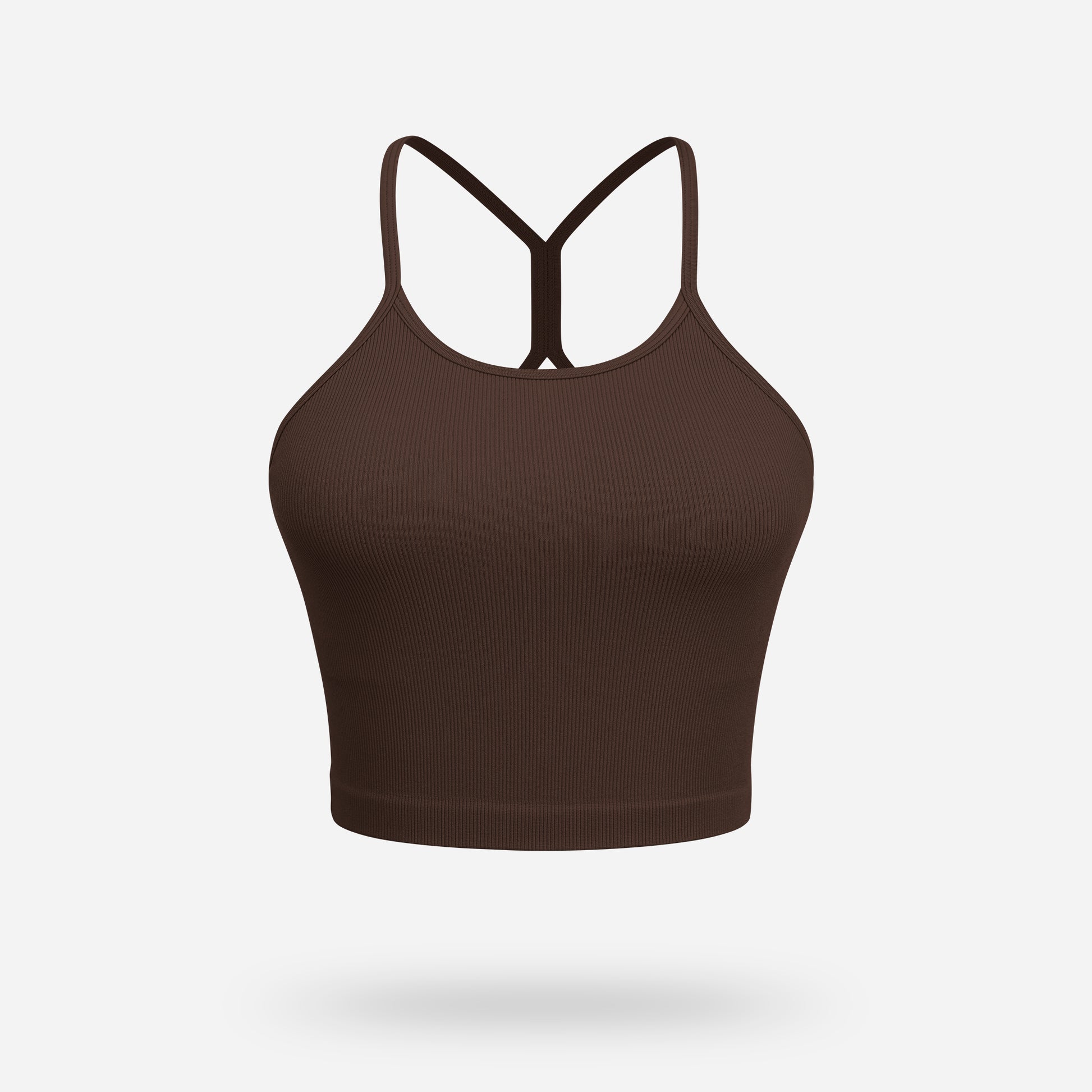 VEQKING Women's High Neck Seamless Ribbed Longline Yoga Tank Tops with Built-in Bra Brown
