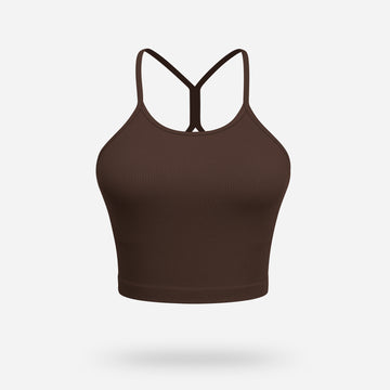 VEQKING Women's High Neck Seamless Ribbed Longline Yoga Tank Tops with Built-in Bra Brown
