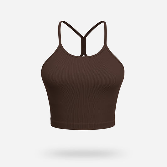 VEQKING Women's High Neck Seamless Ribbed Longline Yoga Tank Tops with Built-in Bra Brown