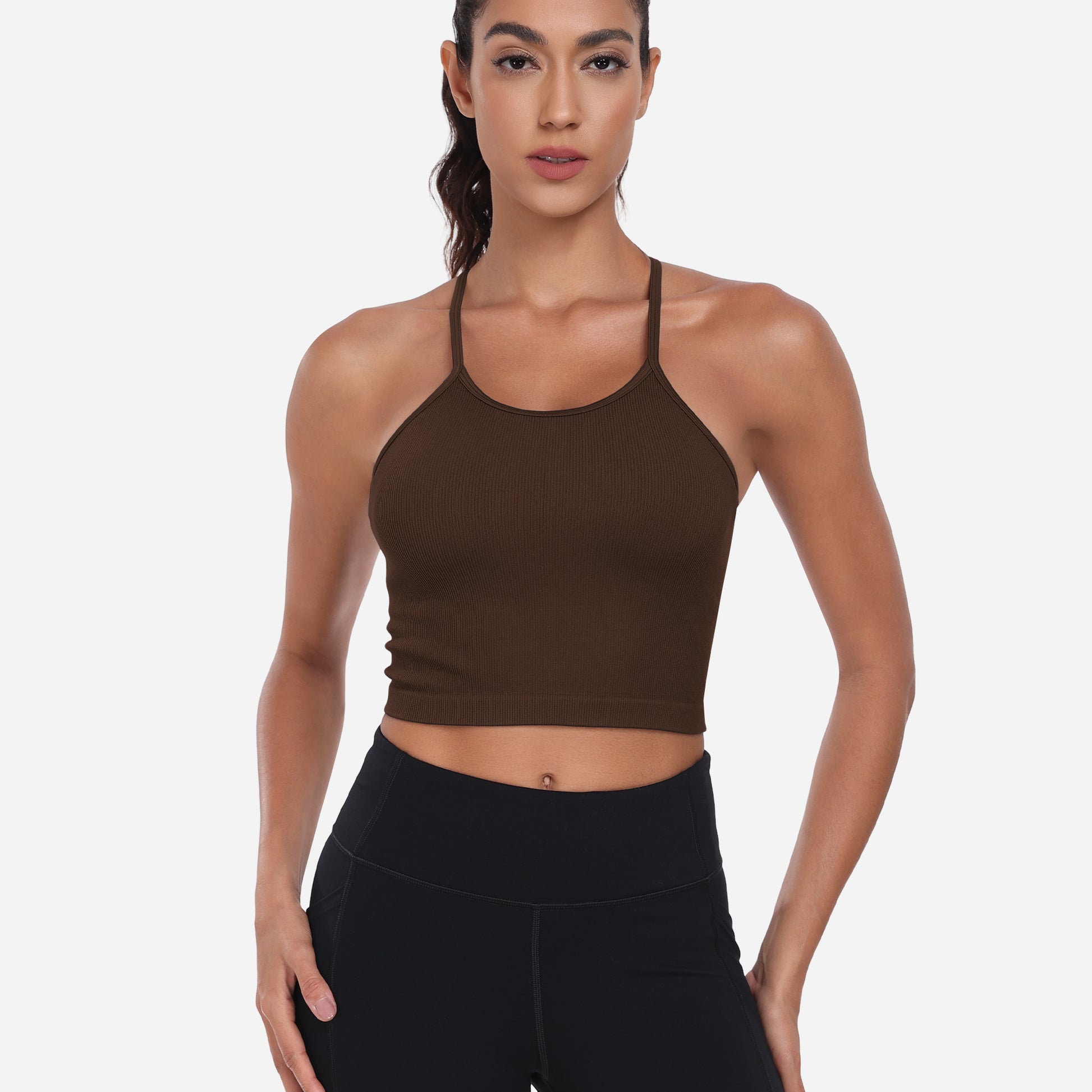 VEQKING Women's High Neck Seamless Ribbed Longline Yoga Tank Tops with Built-in Bra Brown
