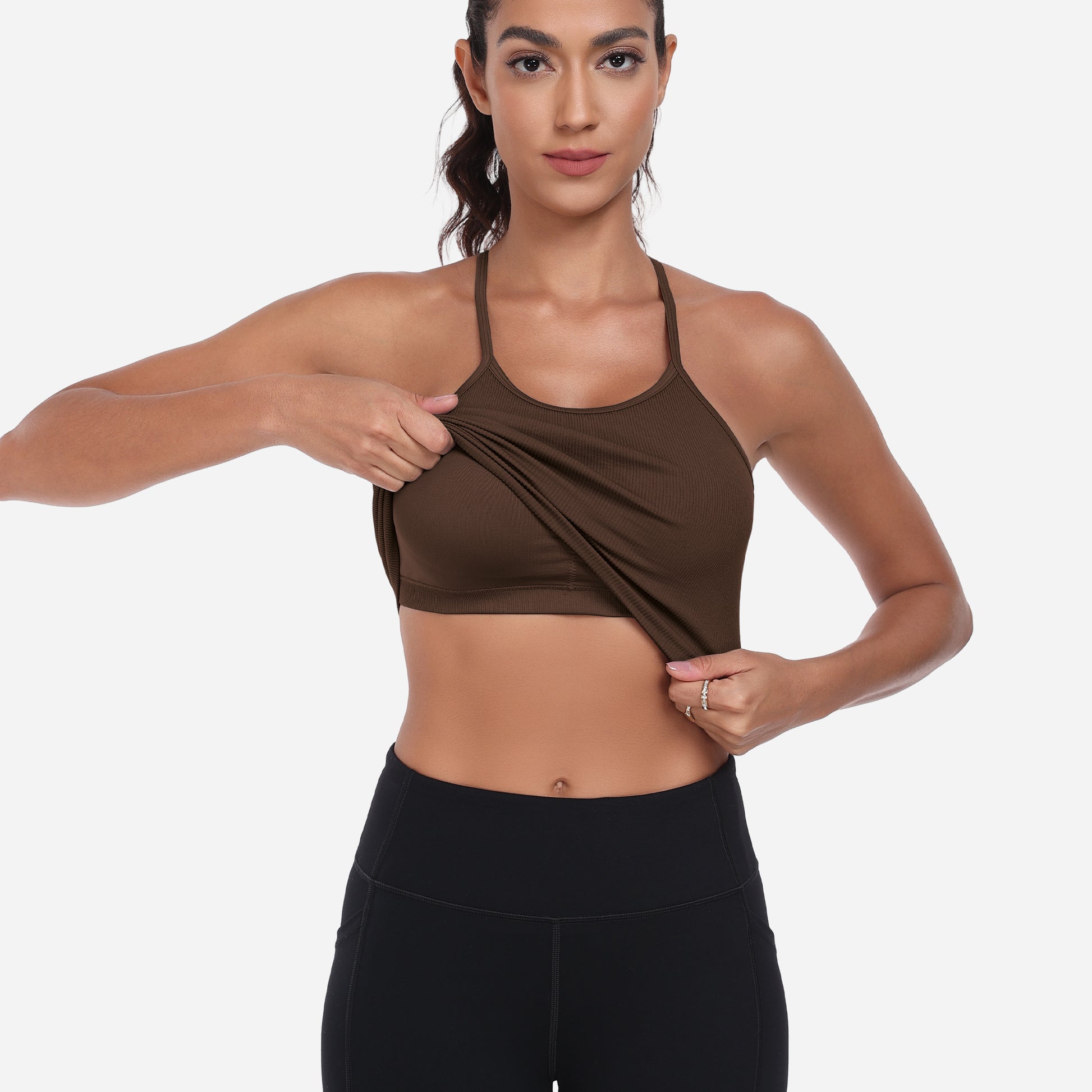 VEQKING Women's High Neck Seamless Ribbed Longline Yoga Tank Tops with Built-in Bra Brown