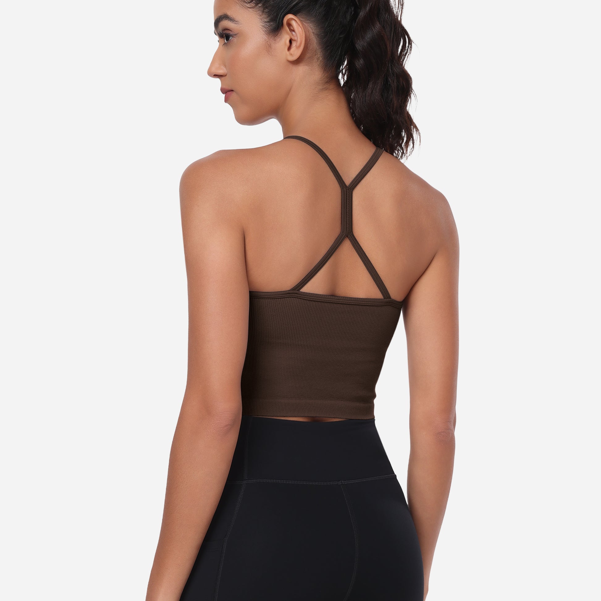 VEQKING Women's High Neck Seamless Ribbed Longline Yoga Tank Tops with Built-in Bra Brown