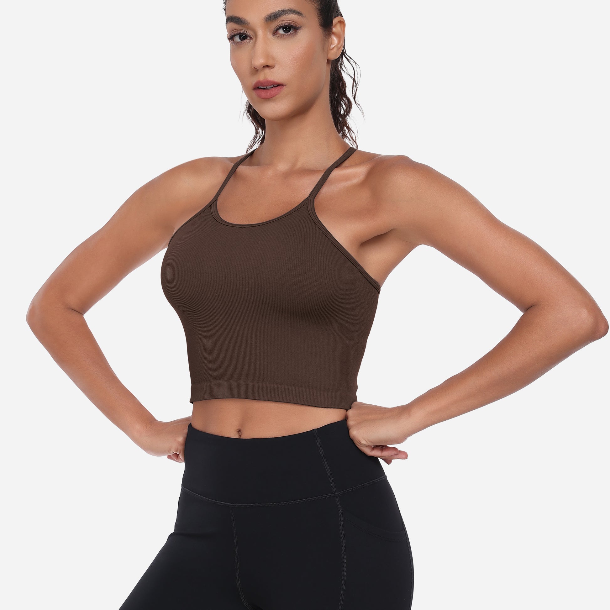 VEQKING Women's High Neck Seamless Ribbed Longline Yoga Tank Tops with Built-in Bra Brown