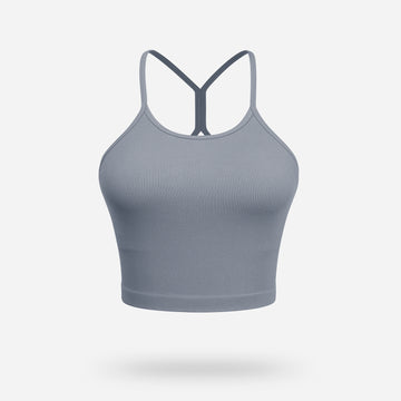 VEQKING Women's High Neck Seamless Ribbed Longline Yoga Tank Tops with Built-in Bra Grey