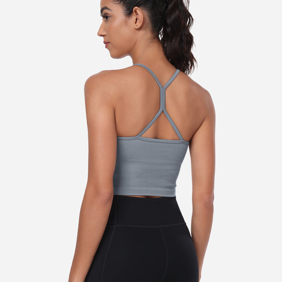 VEQKING Women's High Neck Seamless Ribbed Longline Yoga Tank Tops with Built-in Bra Grey