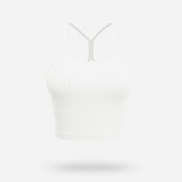 VEQKING Women's High Neck Seamless Ribbed Longline Yoga Tank Tops with Built-in Bra White