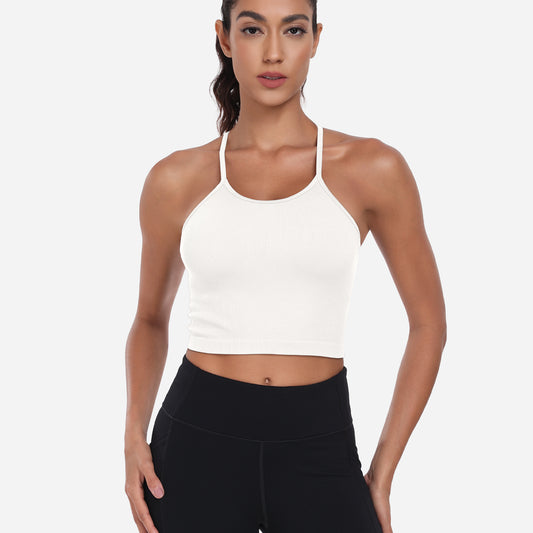 VEQKING Women's High Neck Seamless Ribbed Longline Yoga Tank Tops with Built-in Bra White