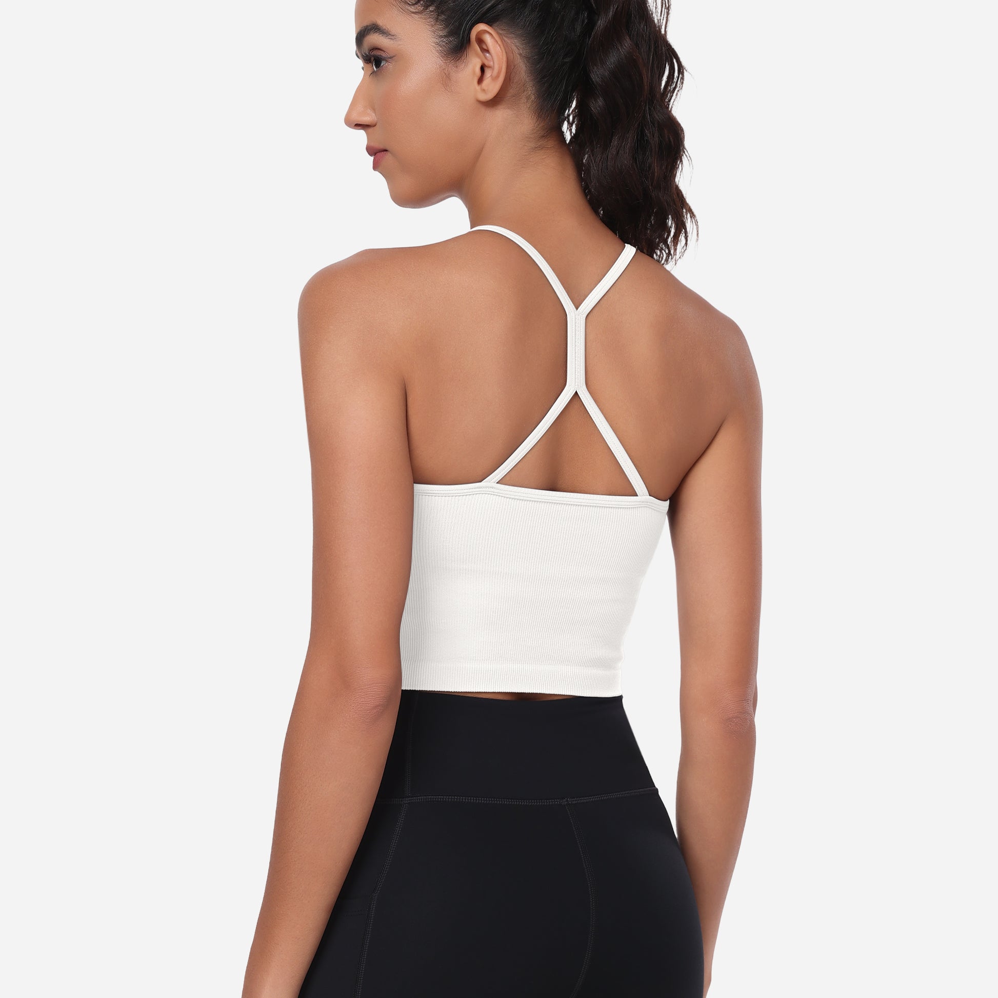 VEQKING Women's High Neck Seamless Ribbed Longline Yoga Tank Tops with Built-in Bra White