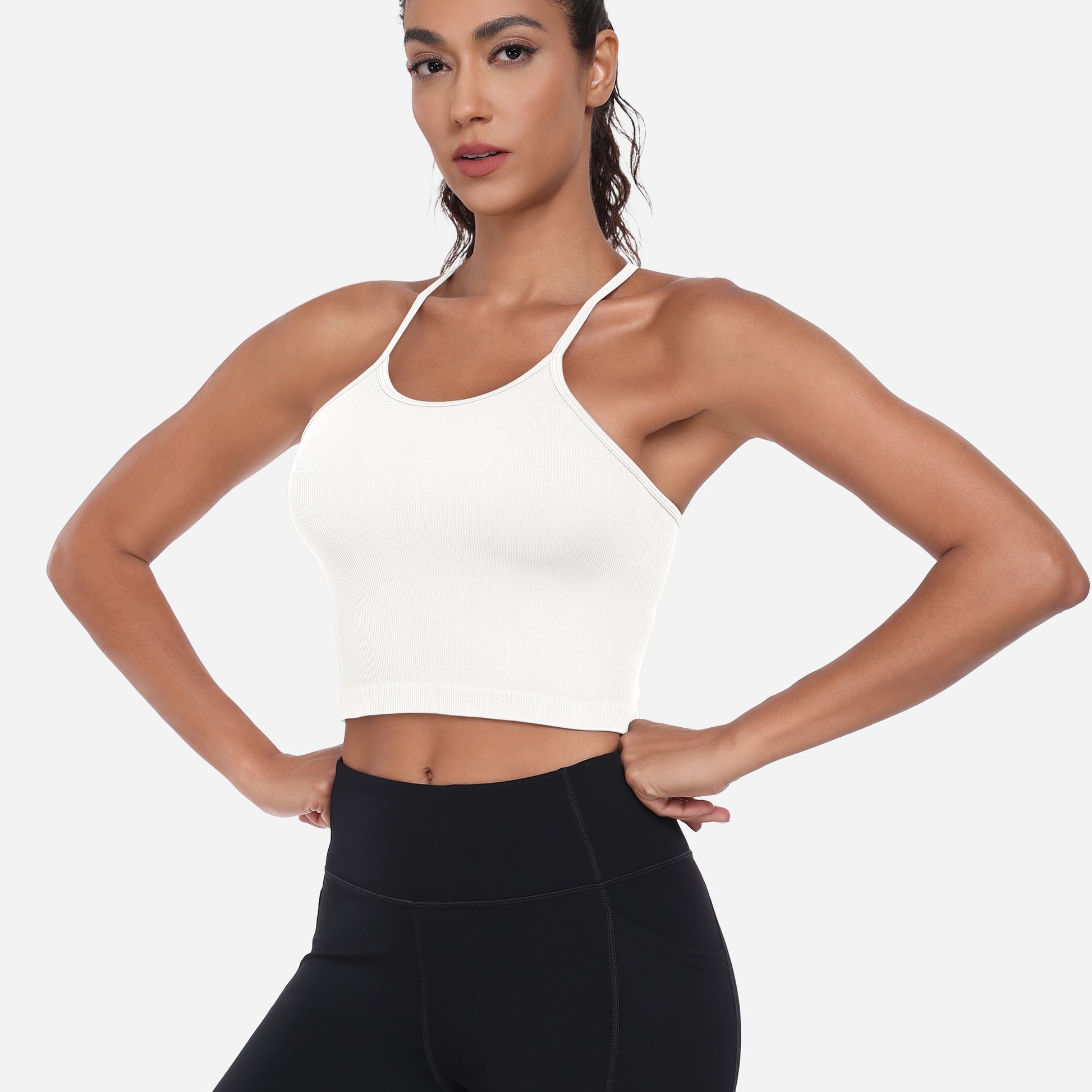 VEQKING Women's High Neck Seamless Ribbed Longline Yoga Tank Tops with Built-in Bra White