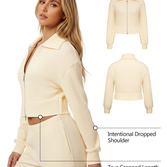Y2K Double-Zip Ribbed Cropped Jacket Cream