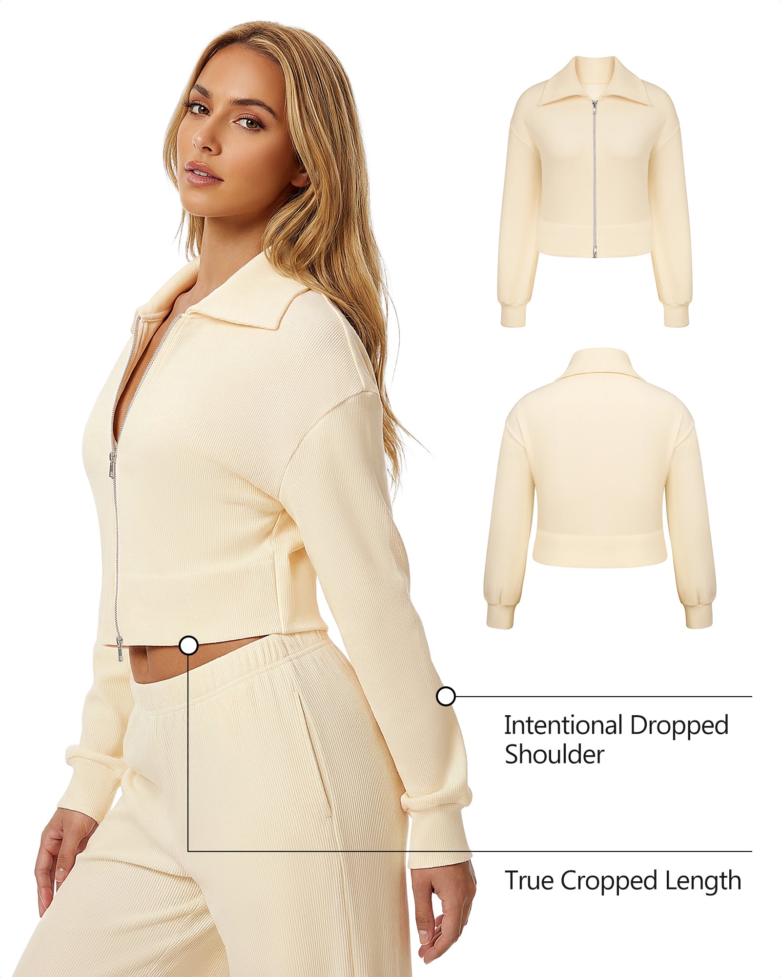 Y2K Double-Zip Ribbed Cropped Jacket Cream